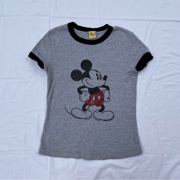 Vintage Mickey Mouse baby tee ringer graphic t shirt heather gray glitter XS - Picture 1 of 10